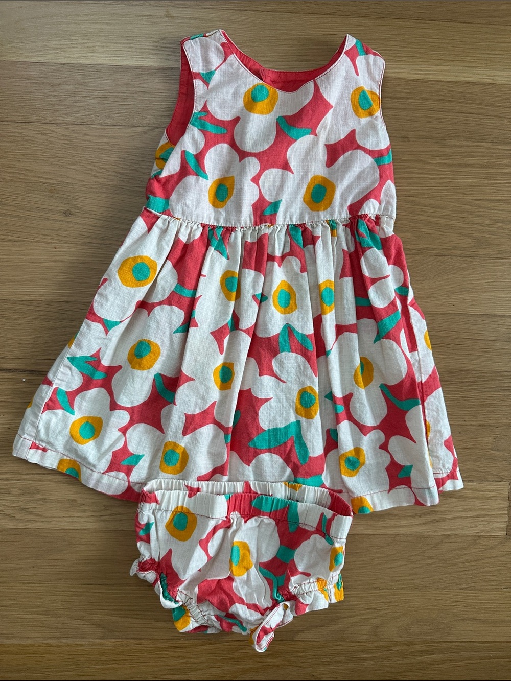 Hanna Andersson White Floral Dress & Bloomers with Coral, Teal & Yellow Accents